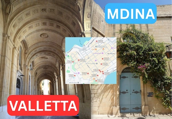 Collage of 2 images. An interior shot of a portico in Valletta, and a blue door in Mdina. With a map of Valletta in the middle.