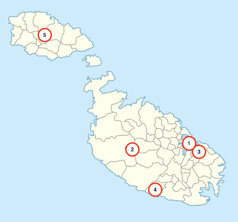Map of Malta with top 5 places enumerated.