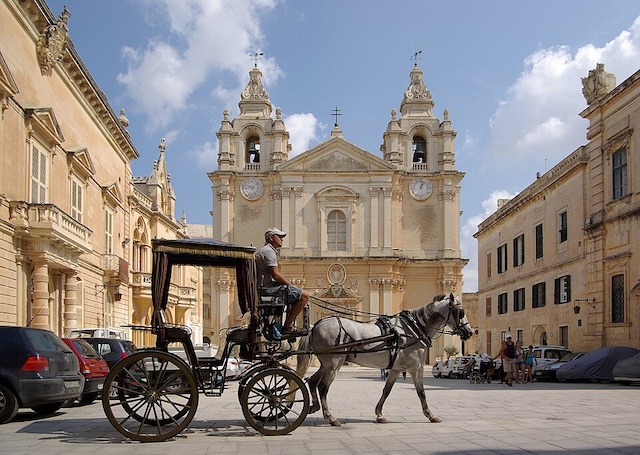 Picture of the Mdina cathedral with a horse carriage in front of it.