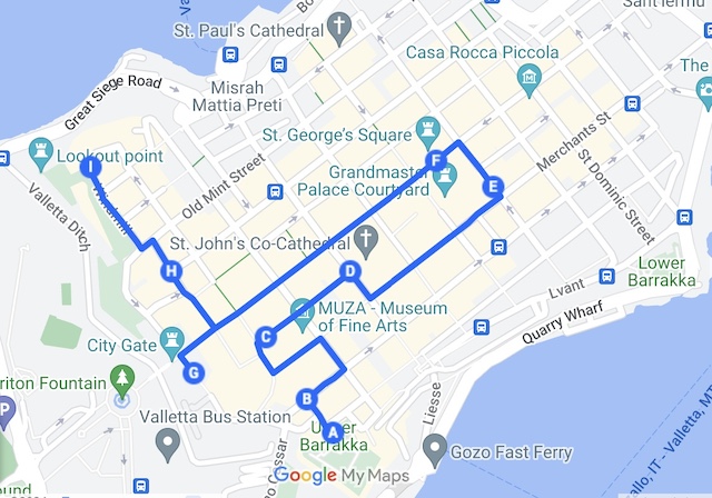 Route of Valletta Walking Tour.